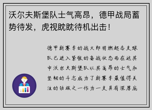 沃尔夫斯堡队士气高昂，德甲战局蓄势待发，虎视眈眈待机出击！